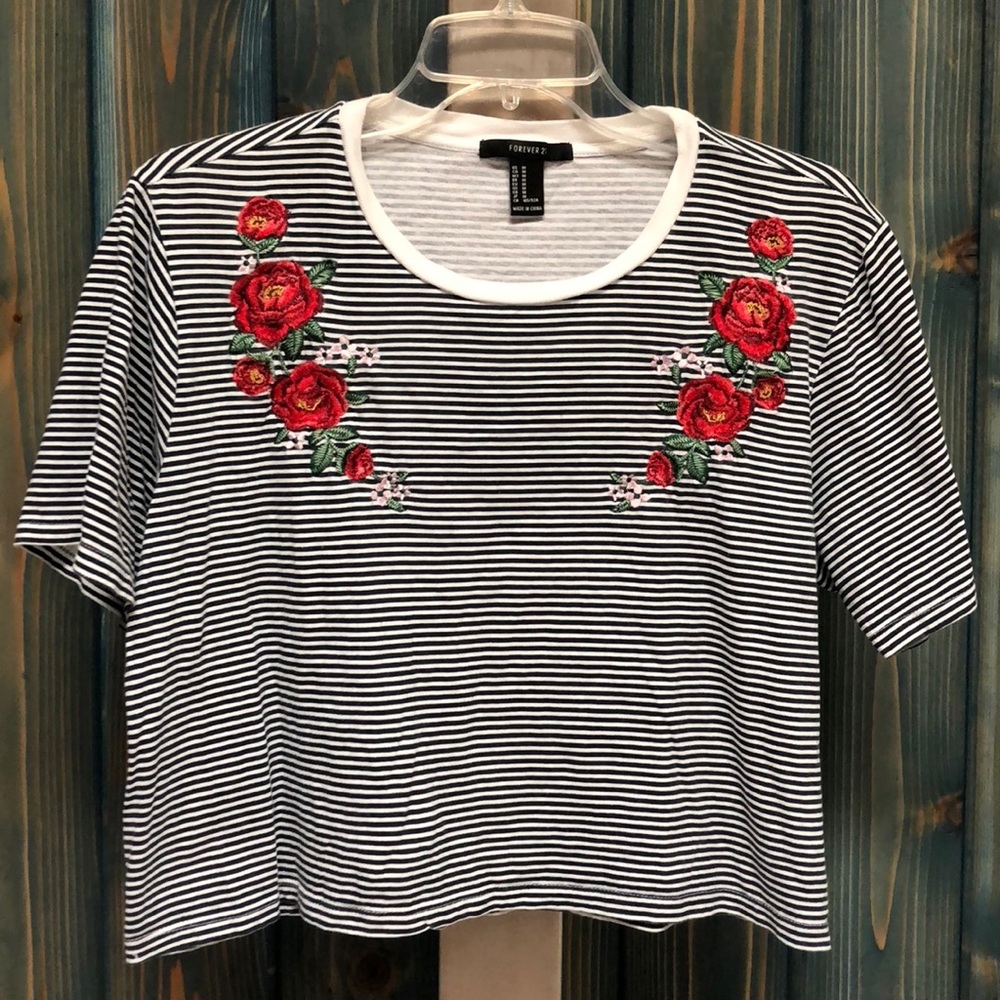 Forever 21 Crop Top with Roses and Stripes